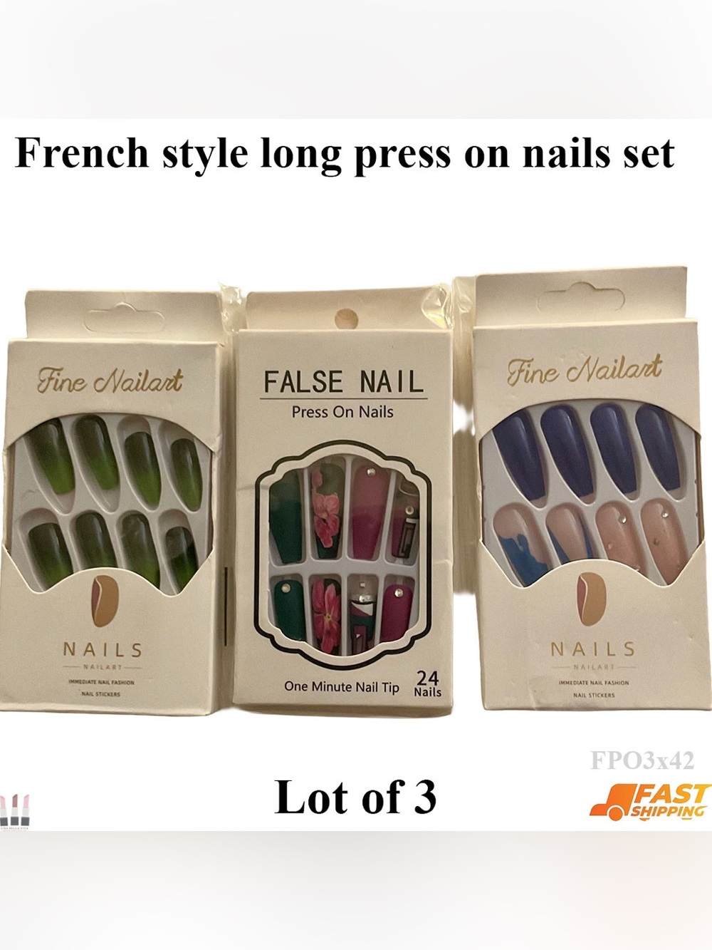 Bella Vita French Style Press-On Nails Set - Green, Pink, Purple